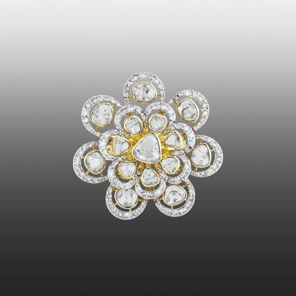 Full White Floral Polki Ring with Diamond Halo